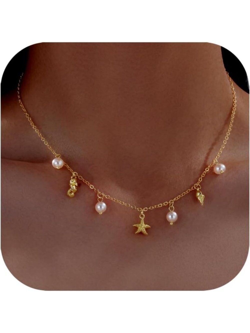 Dainty Seashell Starfish Necklace for Women - 14k Gold Layered Beach Choker